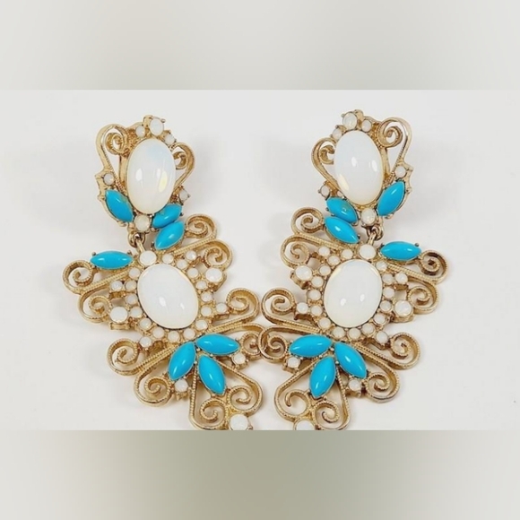 Kenneth J Lane 3" Dangle Opalite? Earrings Faux Turquoise 1970's VTG - Picture 5 of 5